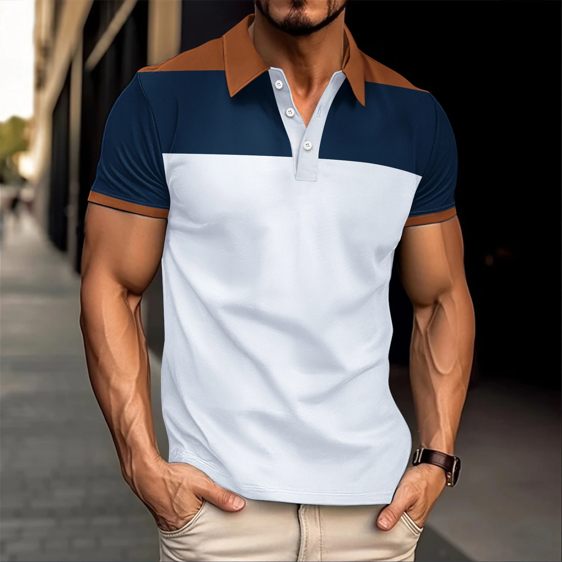 The Best-Selling Summer Men\'s Polo Shirt Lapel Button Men\'s Short Sleeve Patchwork Striped Print Casual Men\'s Short Sleeve