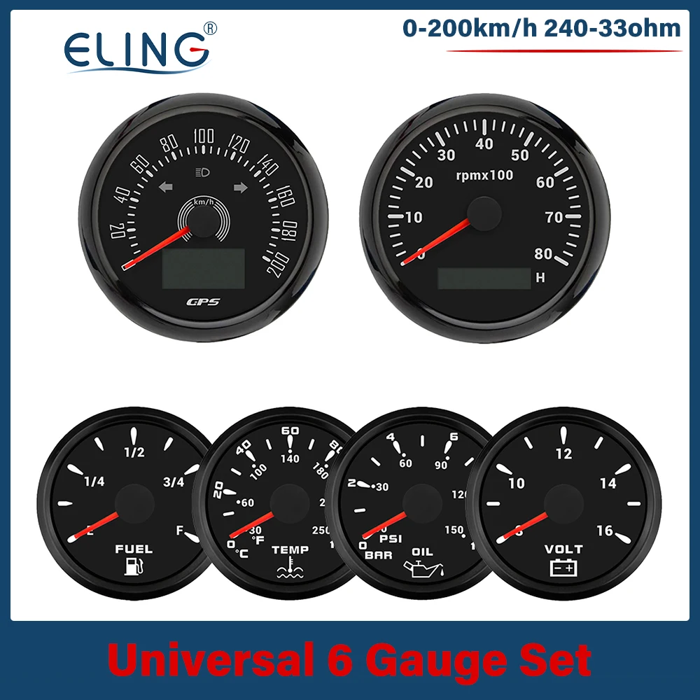 ELING 85mm Car  0-160MPH 200km/h GPS Speedometer 0-8000RPM Tachometer 52mm  Water Temp 10Bar Oil Press Fuel Level Voltmeter 12V