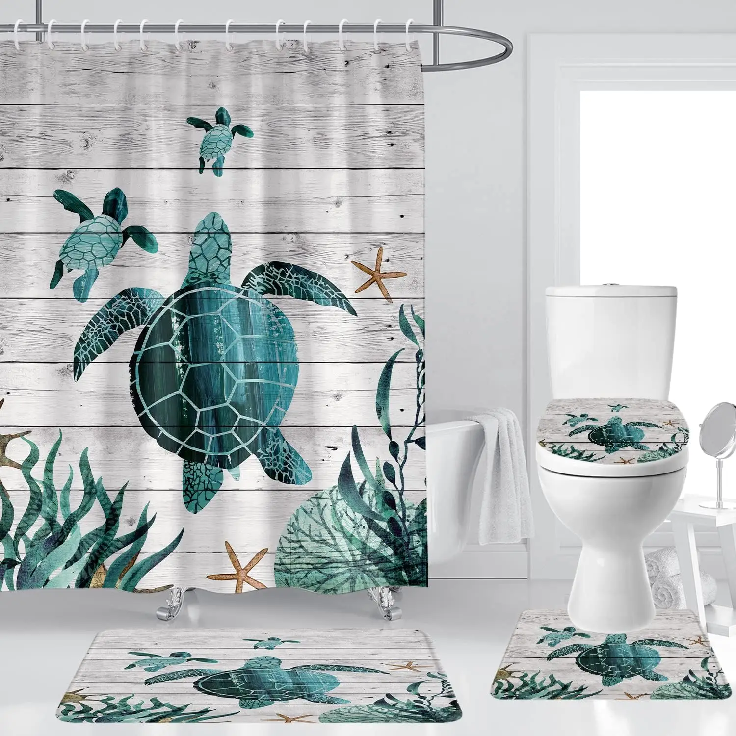 

Sea Turtle Shower Curtain Set Teal Marine Animal Tortoise Barn Door Wood Oce