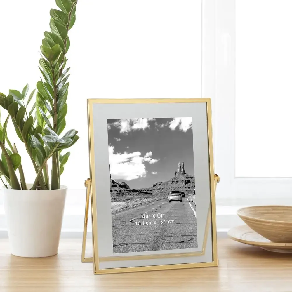 Floating Gold Metal Tabletop Picture Frame 4x6 Vertical Glass Insert Stand Display Memories Protect Dust Damage BHG Frame Home