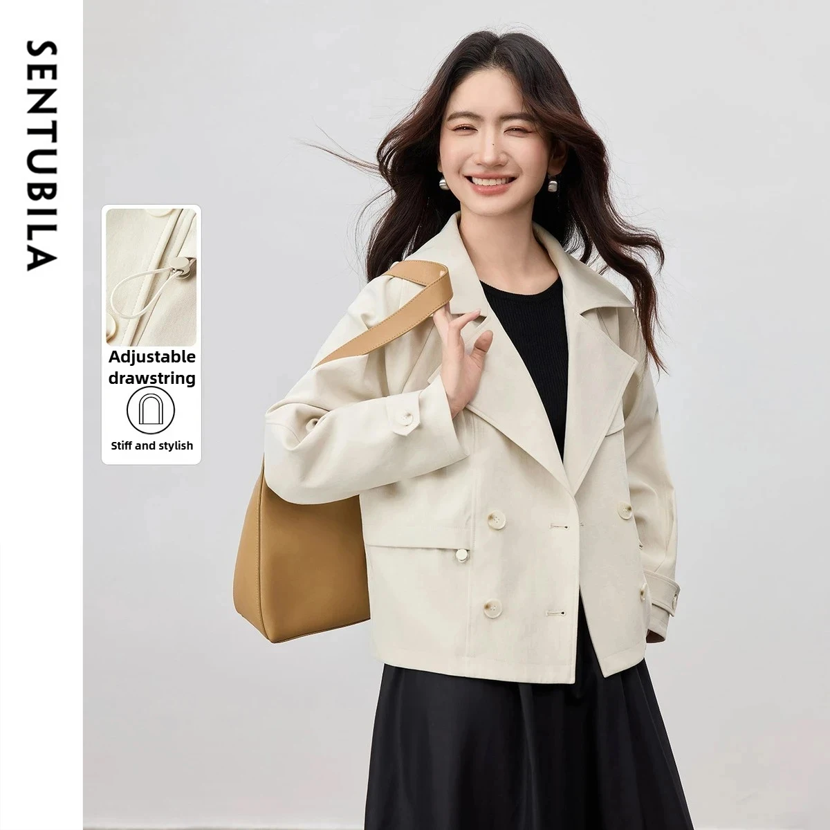 

SENTUBILA Короткий женский плащ, осень 202, повседневный плащ в английском стиле, двубортный, свободный крой, куртка с длинными рукавами 153FB3144