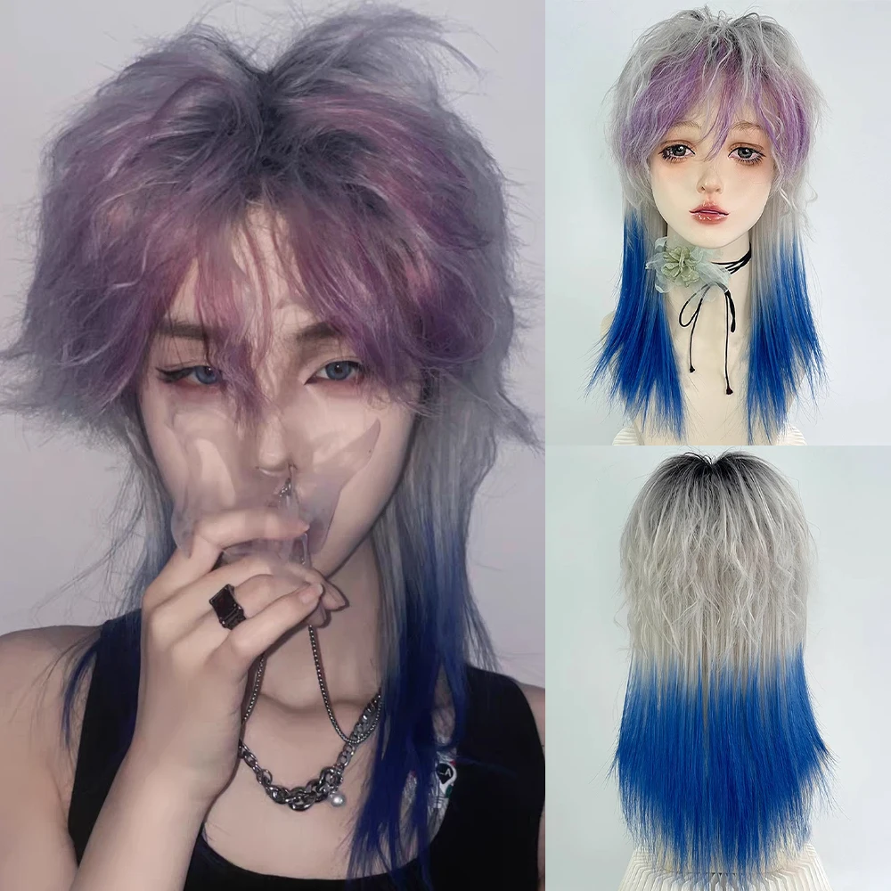 Synthetic Mullet Head Ombre Purple Grey Wig with Bangs Long Curly Straight Lolita Cosplay Hair Wig for Daily Party