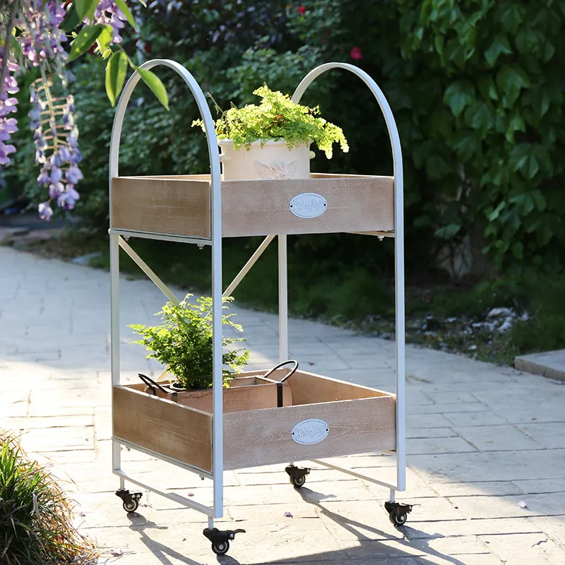 Balcony flower stand outdoor preservative wood wrought iron float outdoor courtyard garden succulent flower pot stand floor