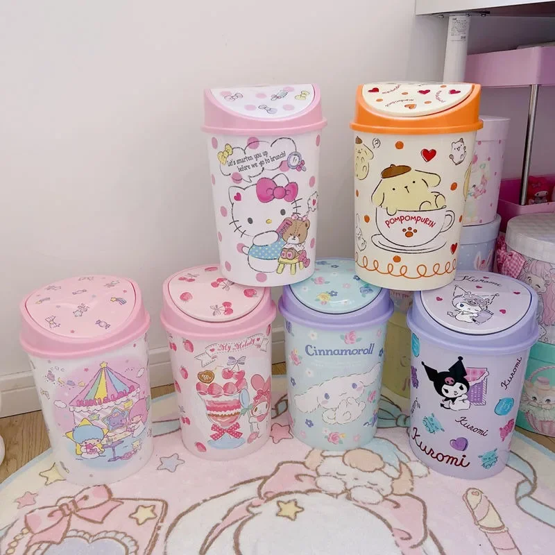 

Sanrio Cute Cartoon Kuromi My Melody Cinnamoroll Hello Kitty Pompom Flip Large Desktop Trash Can Bedroom Bathroom Trash Basket