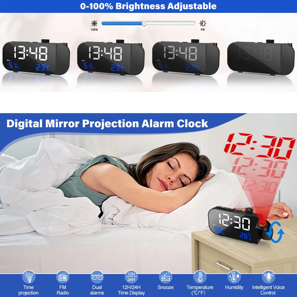 Digital Projection Alarm Clock with FM Radio, Temperature and Humidity display. Smart Sound Control Light Up Function. Gift Idea