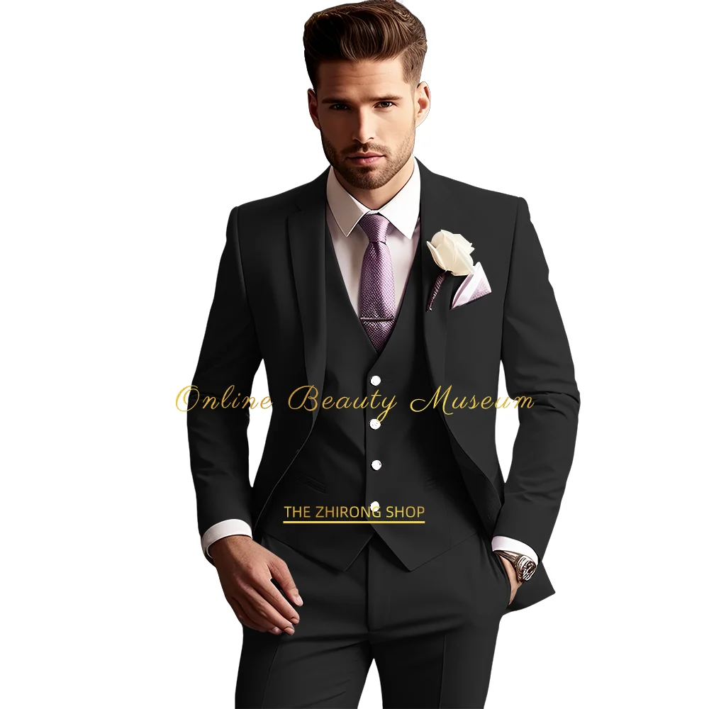 Fato roxo masculino de 3 peças (blazer + colete + calça), adequado para casamentos e eventos formais, vestido elegante de noite.