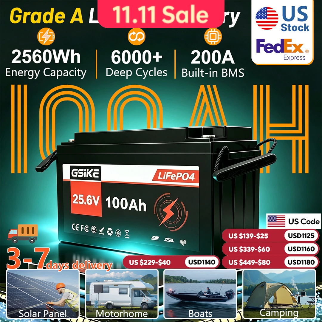 GSIKE 24V 25.6V 100Ah LiFePO4 Lithium Battery 2560Wh Deep Cycle Rechargeable Battery Built-in BMS for Solar Power System RV Marine Camping Off Grid Home Backup Power