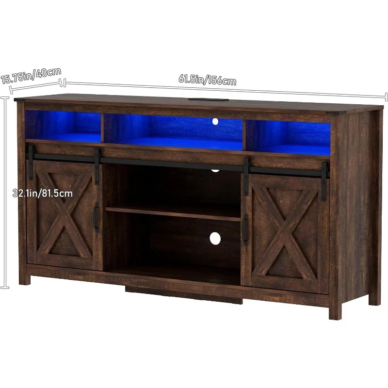 61.5in Boerderij Led Tv Stand Voor 65/70Inch Tv, Moderne Tv Staat Voor Woonkamer Met Rgb Led, Tv Entertainment Centrum