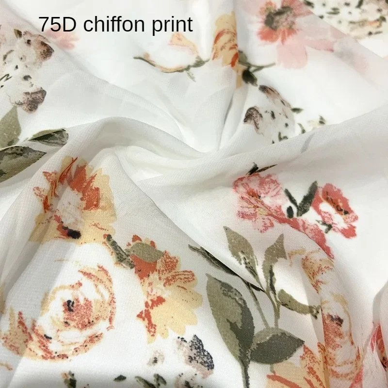 75D High Quality Printed Flowers Ethnic Style Chiffon Fabric Per Meter for Dress Hanfu Curtains Diy Sewing Cloth White Blue Red