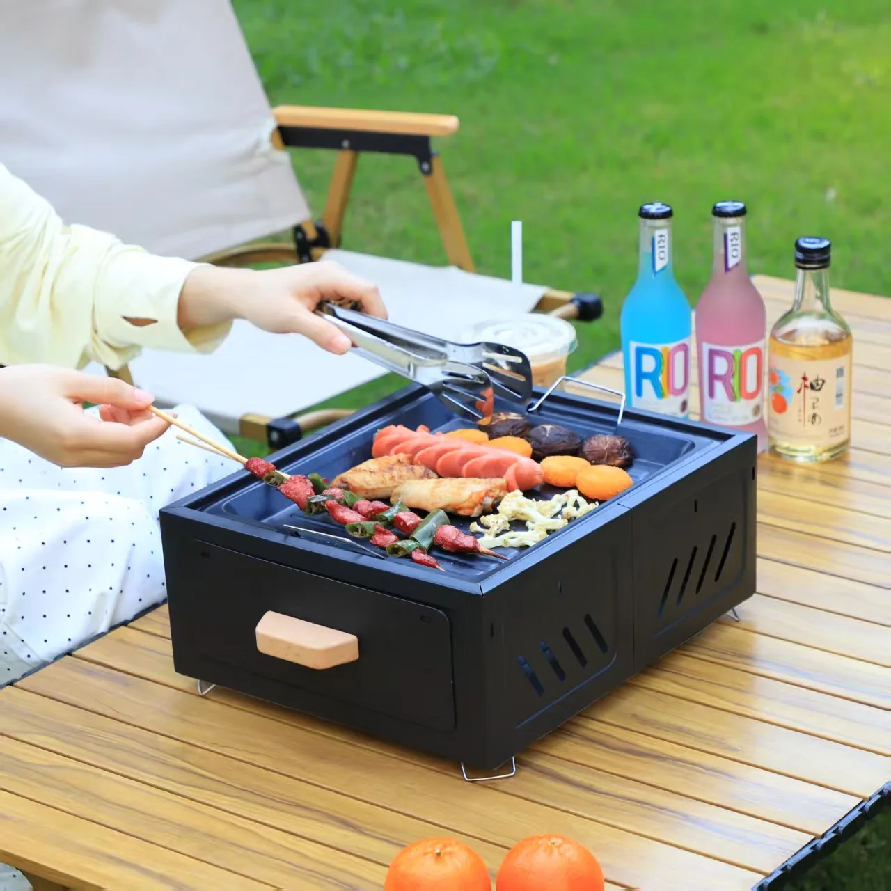HYS Outdoor Camping BBQ Grill Household Garden Portable Charcoal BBQ Grill Square Stove Tea Easy Cleaning Drawer Stove