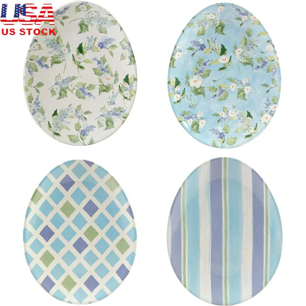 

Easter Morning 10 Inch Oval Egg Plates Set of 4 Durable Earthenware Fun Pastel Patterns Perfect Holiday Treats Dishwasher Safe