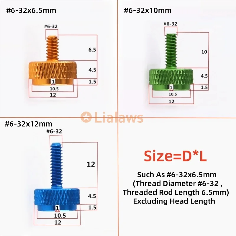 UNC 6#-32 Slotted Screw Aluminum Alloy Knurled Hand Tighten Thumb Screw Bolt Computer Case Length 6.5/10/12mm Color Anodized