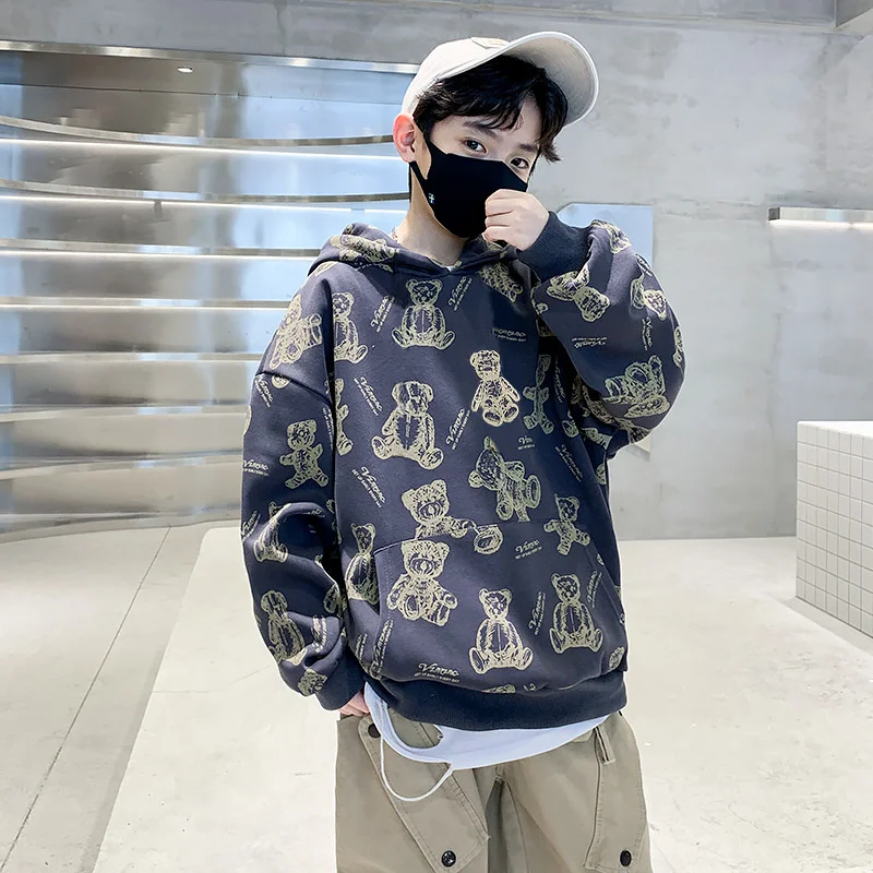 Autumn Boys Loose Hooded Sweatshirts Spring Kids All-Over Bear Print Track Pullover Children Work Jumper Outfit Top Hoodie Coat