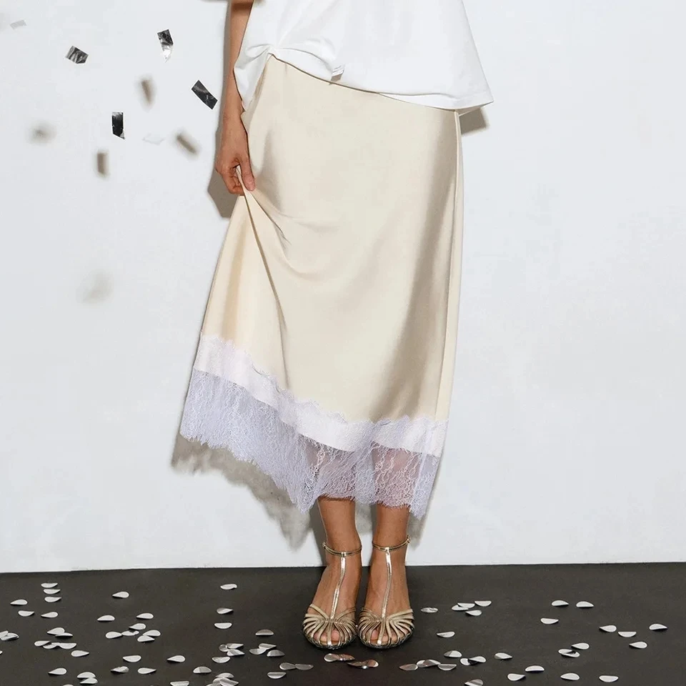

2026 Summer New Patchwork Lace Satin Half Skirt Women Pure Color Elegant Fashion Short Skirt Multi Sizes Available
