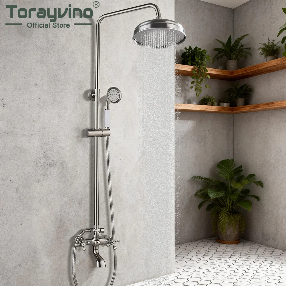 Torayvino Bathroom Shower System Brushed Rainfall Shower Set Retro Dual-Control w/ Handheld Spray Showers Head Brass Faucet
