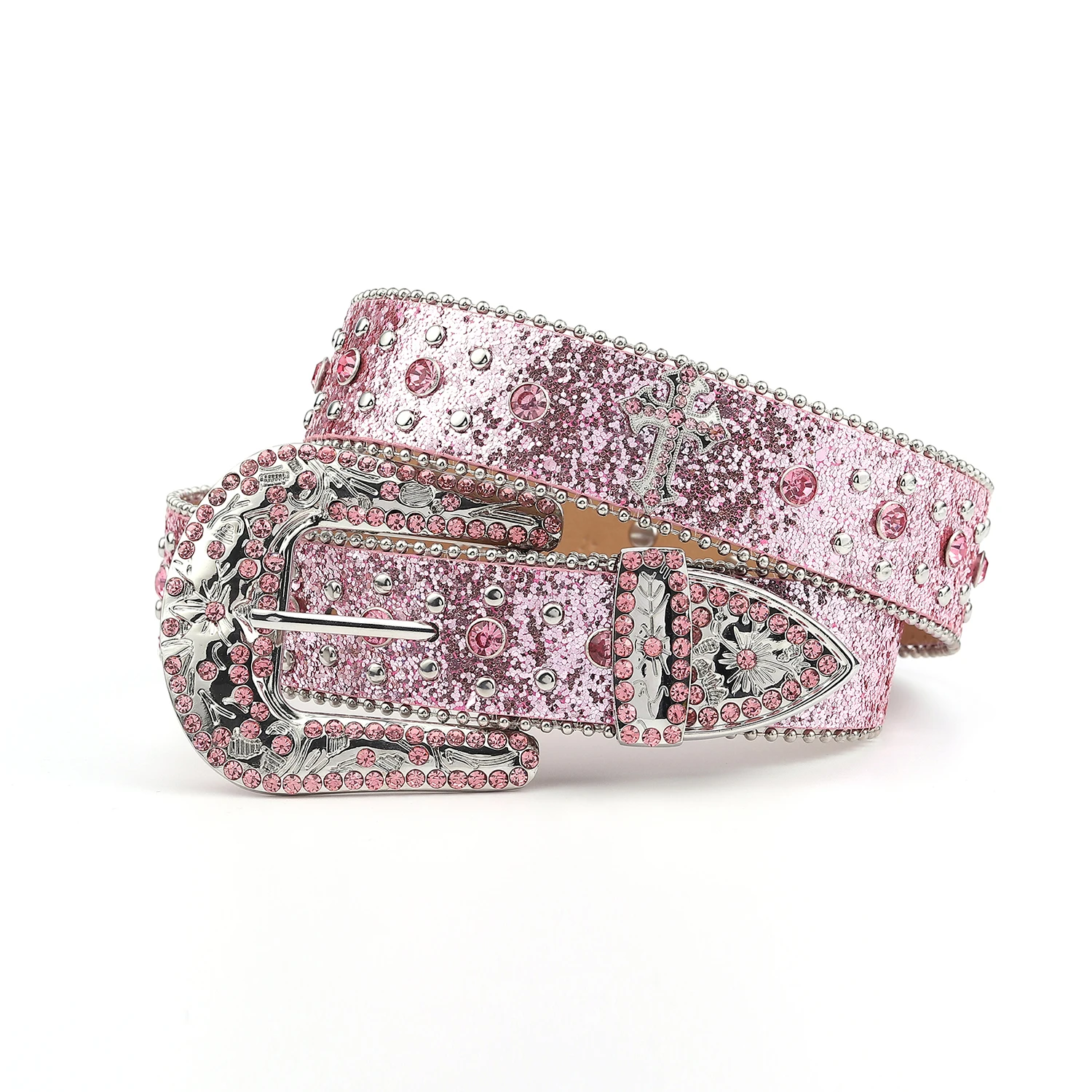 Pink cross-rivet Rhinestone belt sparkles, punk rock inlaid leather belt for men\'s jeans