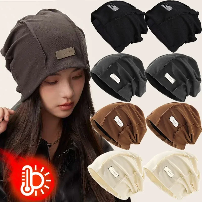 Winter Cotton Beanies Pullover Hat Vintage Fashion Men Women Autumn Warm Metal Letter Folding Hat Laziness Casual Skullies Caps