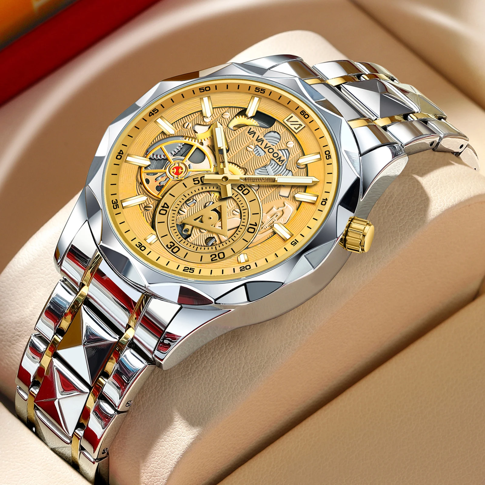 Men Hollow Skeleton Wristwatch 41mm Rhombus Cut Luxury Business Quartz Solid Steel Band 3Bar Waterproof Male Gift Relogio Hombre