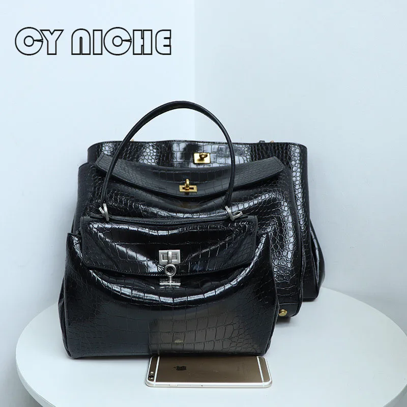 2024 Crocodile Pattern Women's Tote Bag Genuine Leather Large Capacity Soft Leather Gold Silver Buckle Shoulder Crossbody Bag