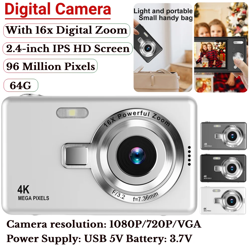 4K HD 1080P Digital Camera 96MP Autofocus Vlogging Camera 2.4 Inch IPS Screen Portable Vlogging Camera for Photography/Video