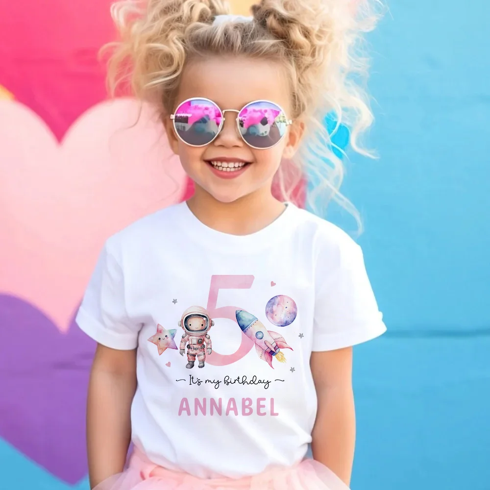 Personalized Astronaut Birthday T-Shirt Girls 1-9 Years Birthday Tee Shirt Custom Name Kids Shirts Girl Space Party Outfit Tops