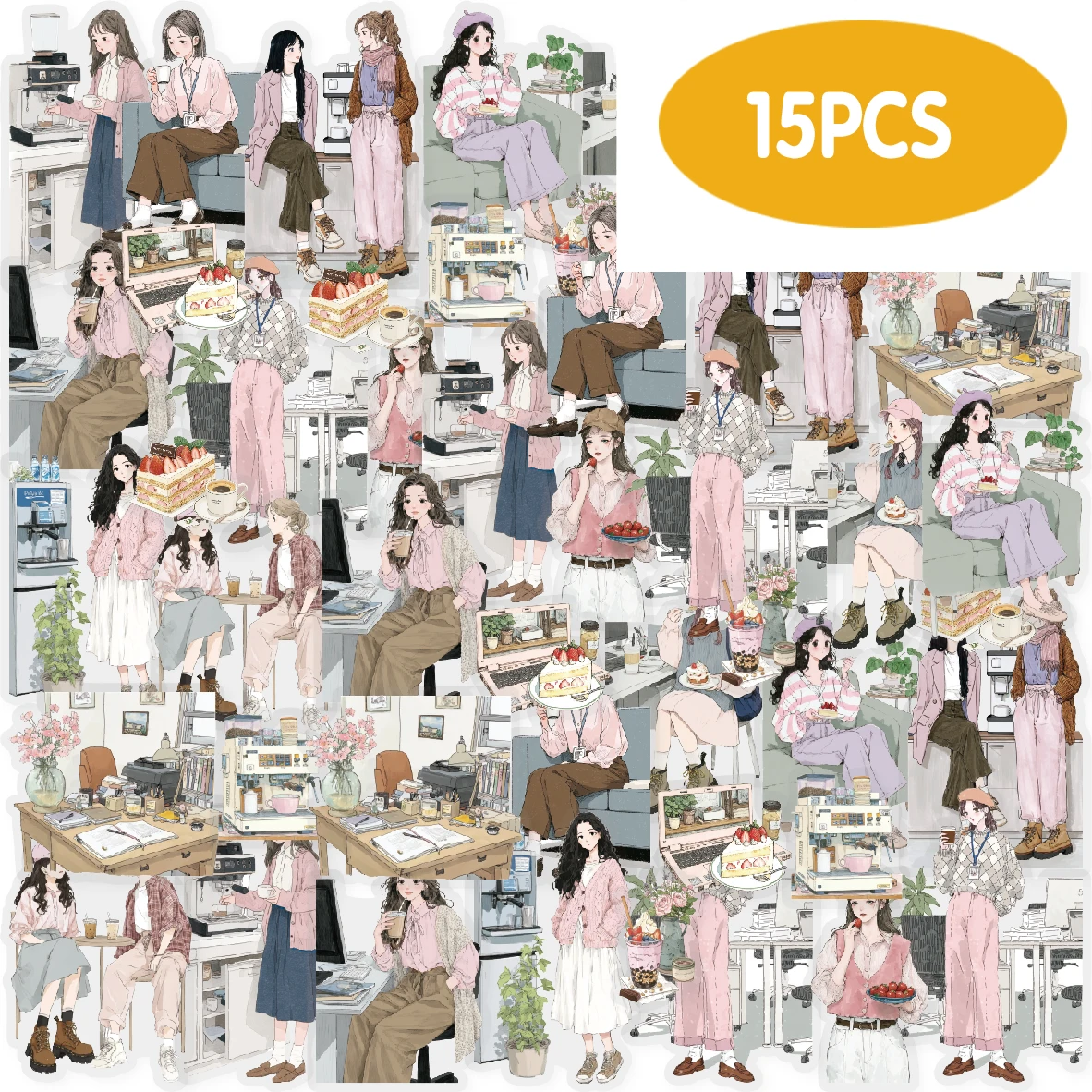 Etori Life Lunch Break Time 15Pcs Pink Tone Vitality Hand-Drawn Stickers Sweet Atmosphere Stickers for Notebooks, Phone Stickers, Luggage, Photo Albums, Scrapbooking Supplies, Student Gift Bags, DIY Crafts, Card Making, Gift Box Packaging, School Supplies, Back-To-School Season, Children's Stationery Stickers, Valentine's Day Stickers