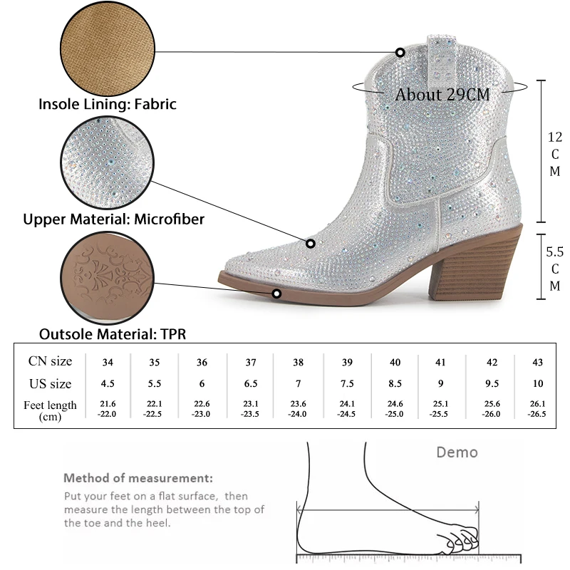 GMQM Luxury Designer Women\'s Western Cowboy Boots New 2023 Autumn Rhinestone Shiny Ankle Boots Chunky Heels Pointed Toe Shoes