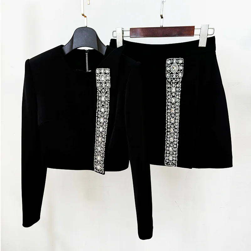 Beads Diamond Inlay Women Skirt Suit Long Sleeve Round Neck With Zipper Tops Split Retract Waist Shorts New Arrival In Stock