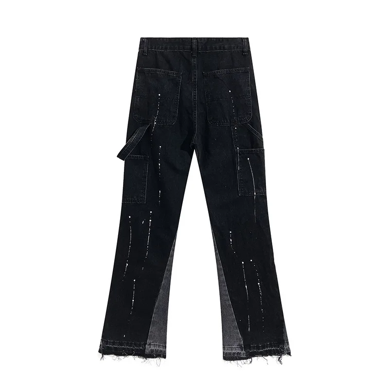 Pantalones vaqueros pintados con bordado de tinta de salpicaduras para hombre, pantalones acampanados largos huecos 3D suaves, montaje, reparación