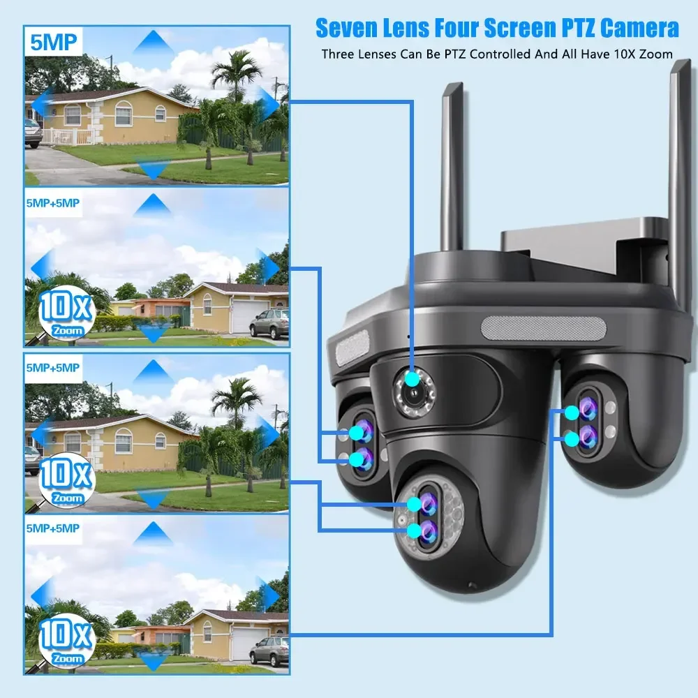 4K 10X Zoom Wifi PTZ Security Camera Auto Tracking Outdoor Seven Lens Four Screen Panoramic View CCTV Video Surveillance Camera