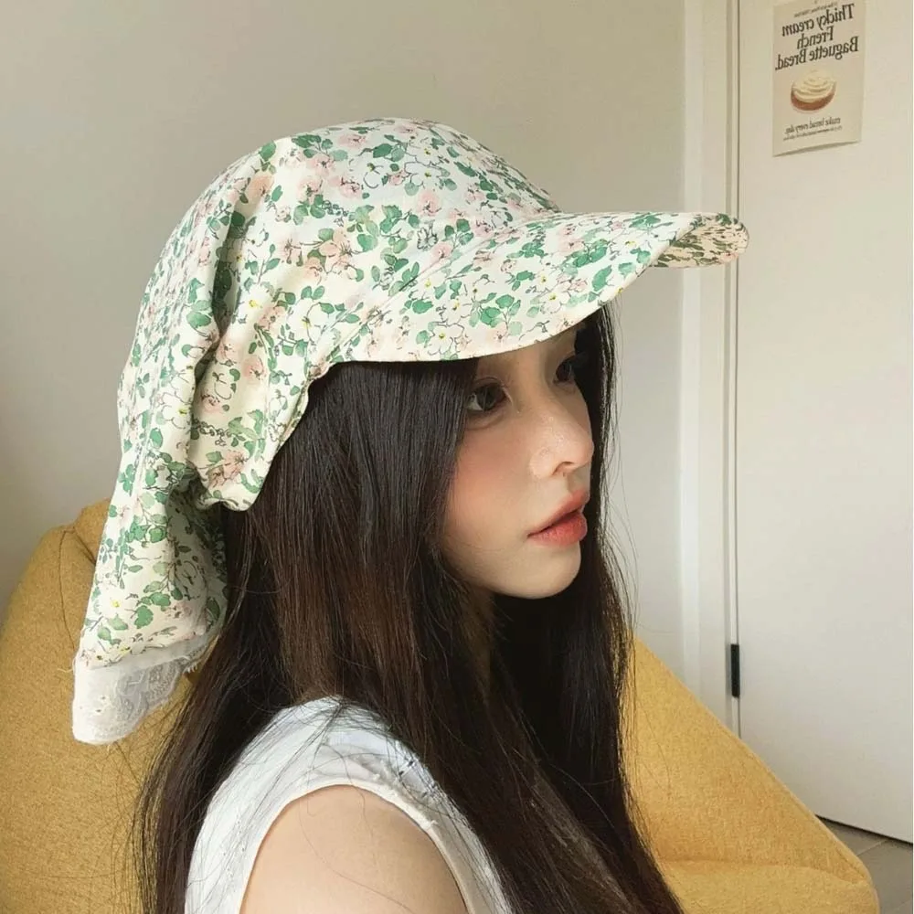 Cycling Rural Style Headscarf Baseball Hat Lace Breathable Scarf Peaked Cap Cotton Floral Strappy Bandana Cap Outdoor