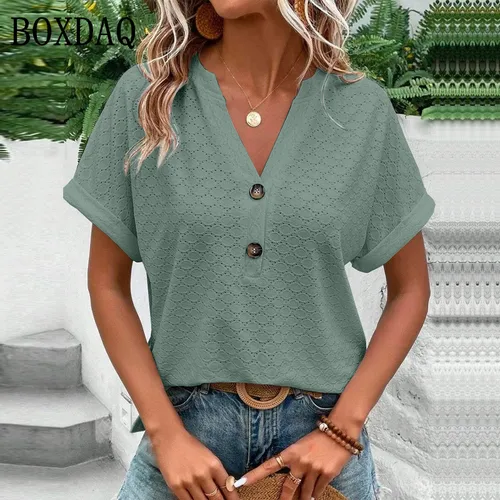 Blusas informales de Jacquard con botones y cuello en V para mujer, camisas holgadas lisas, Tops de manga corta de gran tamaño para mujer 2023