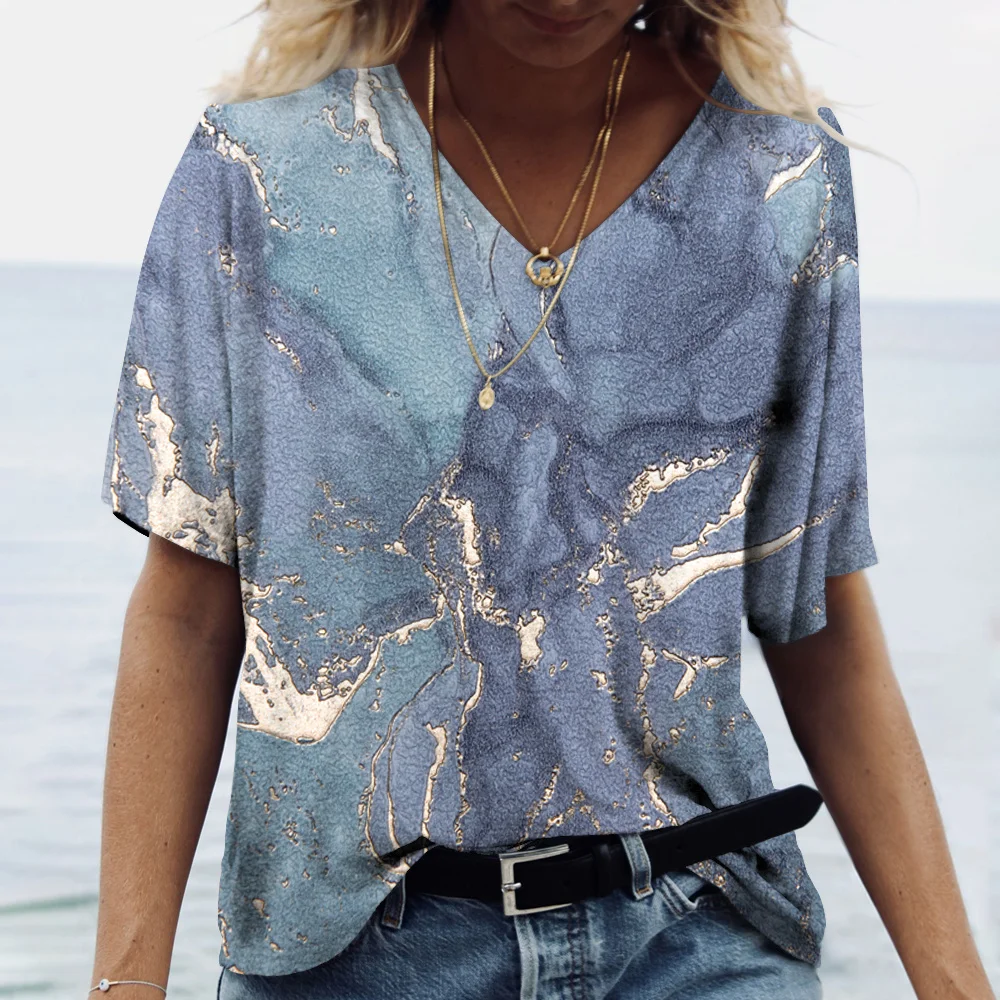 New Marble Gradient 3D Print T-Shirts Women V-Neck Short Sleeve T Shirt Y2k Harajuku Oversized Tees Casual Tops Female Clothing