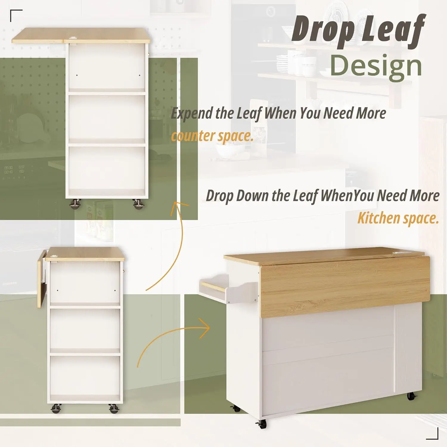 Rolling Kitchen Island with Storage, Kitchen Cart Cabinet with Drop-Leaf & Charging Station Drawer & Shelves & Spice Rack 47" W image 3