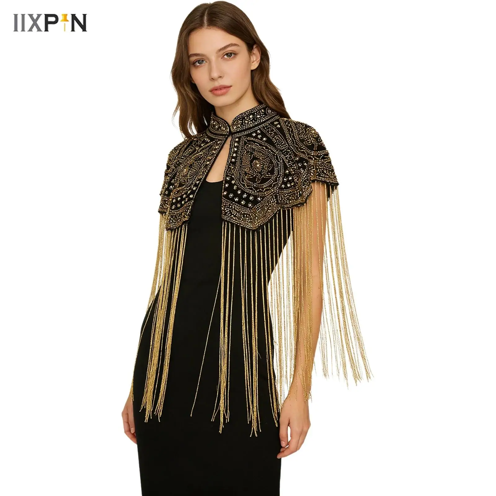 

Indian Delicate Beaded Shawl Women Long Tassel Cheongsam Cloud Shoulder Handmade Beaded Fashion Show Gown Ancient Style Shawl