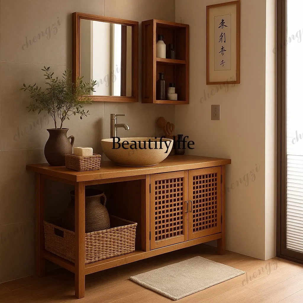 Japanese-style log beauty salon B & B floor-to-ceiling cabinet oak paint washing table basin