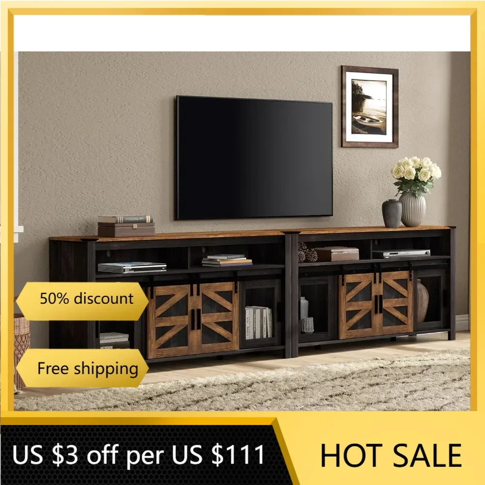 Set of 2 Farmhouse TV Stands with Mesh & Barn Doors for 100+ Inch TV, Antique Black & Brown 118