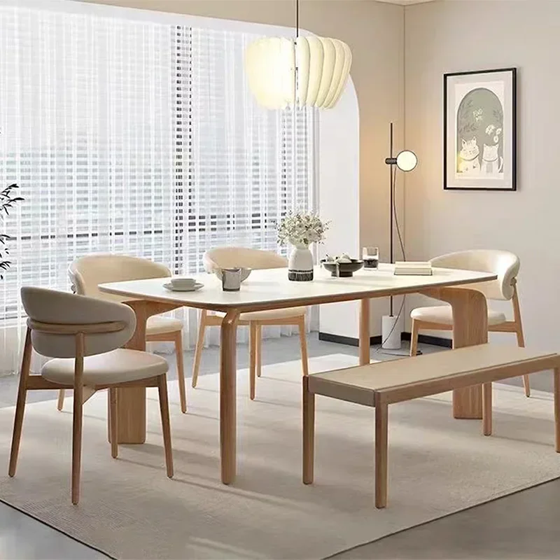 Nordic French Creme Oval Natural Solid Wooden Dining Room Table 6 Seater Restaurant Dinner Table And Chair Set Kitchen Furniture