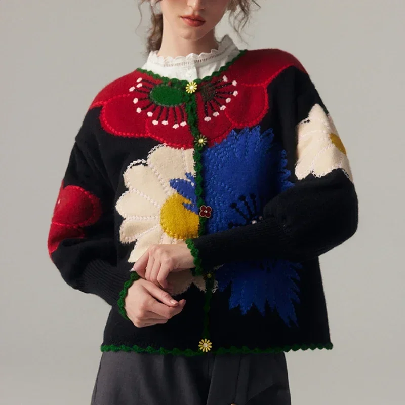 Vintage Flower Embroidery Knitted Top High Quality Women Fashion Cardigan Fashion Trends Autumn/Winter New in Chic Sweater Coat