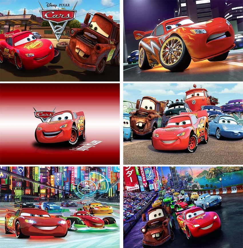 Disney Red Racing Car Black White Grid Flag Cartoon Background Champion Cup Red Curtain Boy Birthday Backdrop Photography