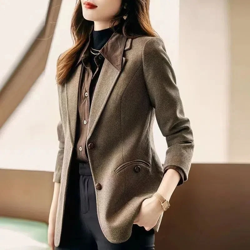 Herringbone Wool Blazer Womens 2024 Autumn Winter New Slim Office Ladies Blazers Coat Short Female Classic Casual Outwear Tops