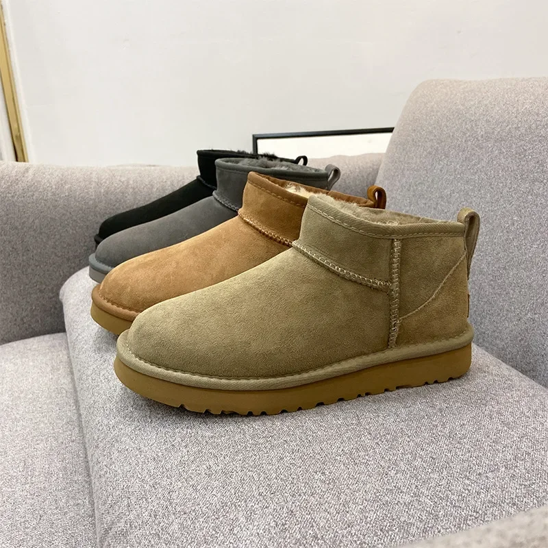 2023 Super Mini Classics Winter Women Snow Boots Real Sheepskin Wool Warm Low-cut Fur Shoes Slippers Man Winter Short Boots