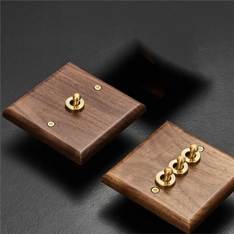 แผงสวิตช์ติดผนัง HLZS-Black Retro Walnut แบบกด 1-4 ช่อง 2 ทาง ทำจากไม้เนื้อแข็ง พร้อมเต้ารับ EU/FR แบบคู่ และพอร์ต USB-C สำหรับจ่ายไฟฟ้า