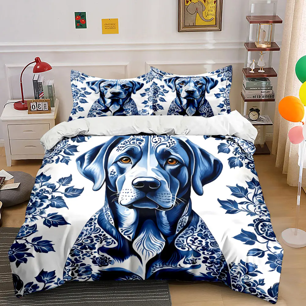 Artistic portrait of a dog with blue and white patterns Bedding Set for Kids Luxury Gift 3pcs Digital Print Comforter Set Soft