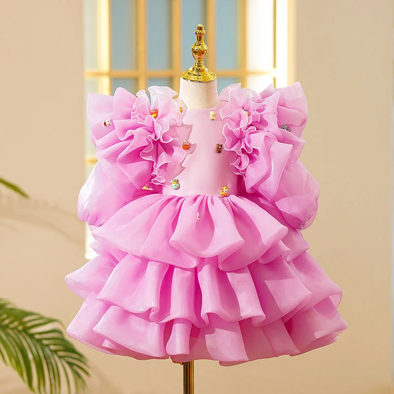 Princess Girl Cartoon Beads Tutu Dress Infant Toddler Child Long Sleeve Bow Vestido Wedding Party Birthday Baby Clothes 18M-12Y