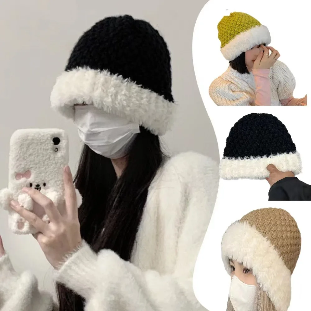 Elegant Versatile Knitted Yarn Hat Thickened Splicing Warm White Fisherman Hat Large Head Circumference Basin Caps Head