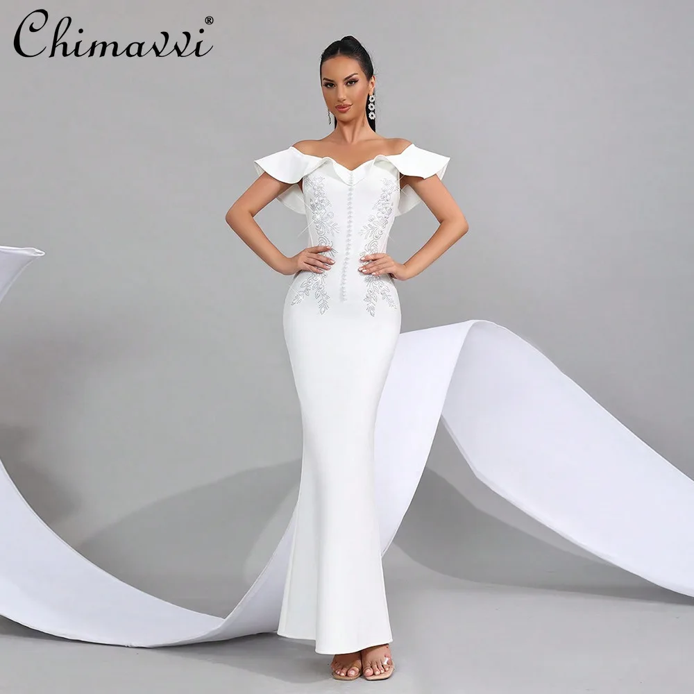 

American Style Elegant White Beaded Mermaid Dress V-Neck Off Shoulder Ruffled Sleeve Bodycon Maxi Evening Gown For Women Dress