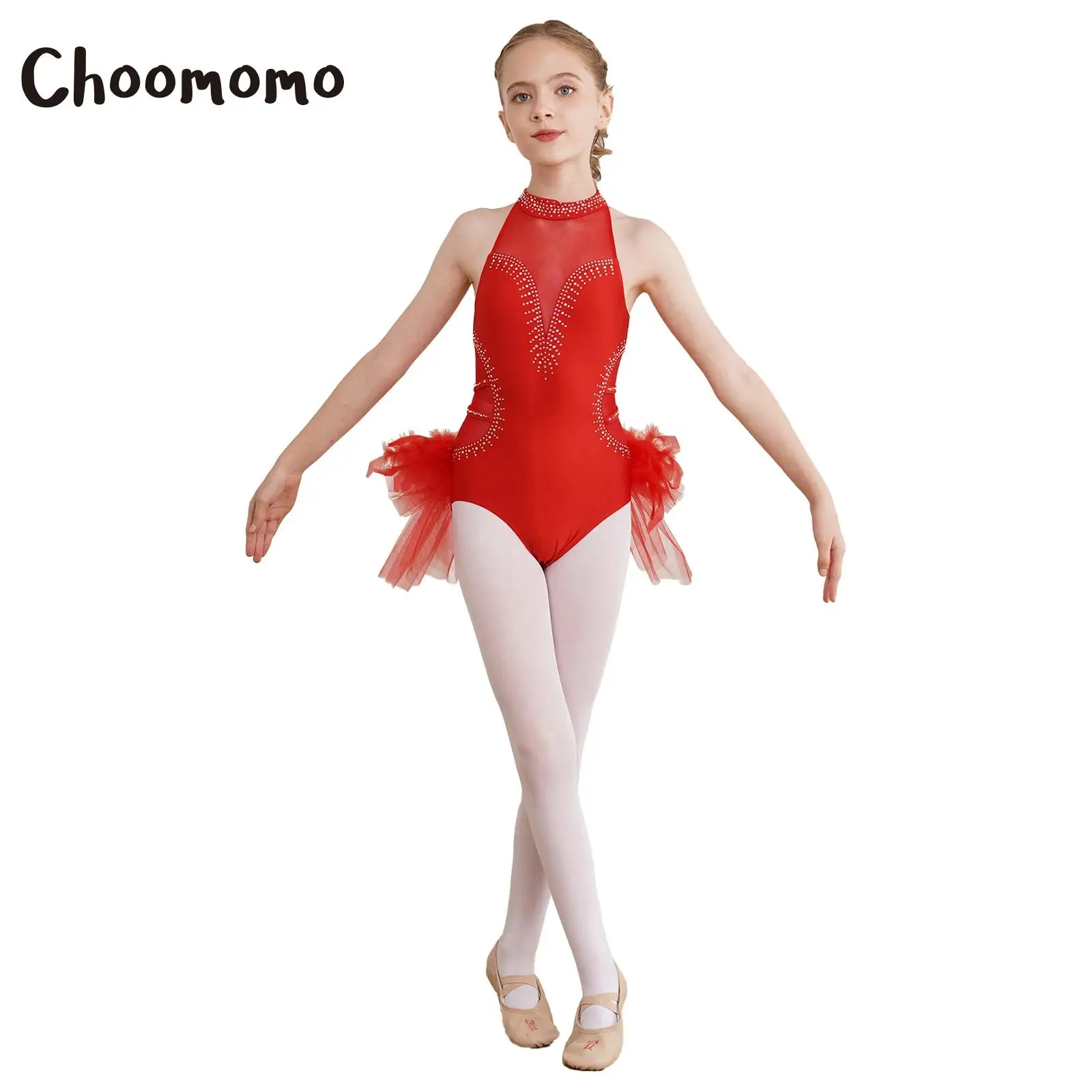 

Kids Girls Rhinestones Halter Sleevesless Dance Dress Tutu Skirted Leotard Stage Performance Costume Ballerina Dancewear