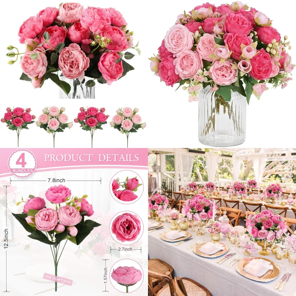 

4 Bundles Artificial Peony Silk Flowers Bulk Fake Flowers for Home Wedding Party Decoration Floral Arrangements Spring Garden
