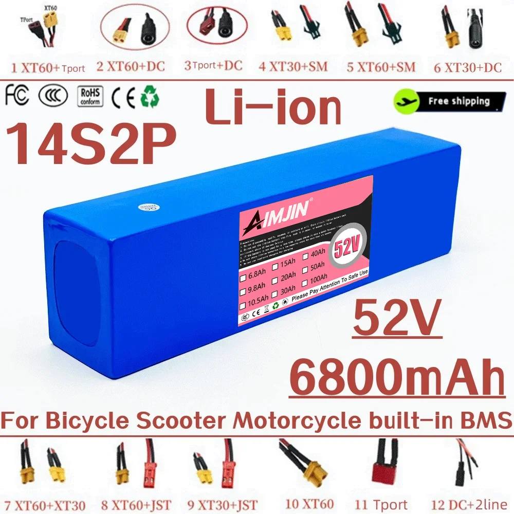 18650 Li-ion , 14S2P 52V 6800mAh Rechargeable Battery Pack Large Capacity for Bicycles, Scooters, Motorcycles with Built-in BMS